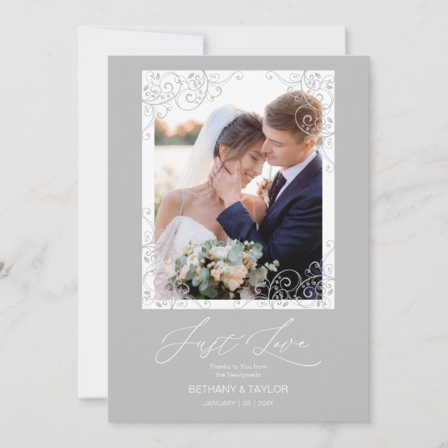 Swirly Flourish Grey Ornament Photo Newlyweds Tack Kort (Framsida)