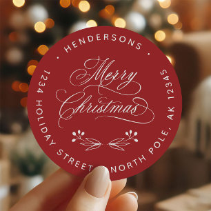 Swirly God jul Script Returadress Red Runt Klistermärke