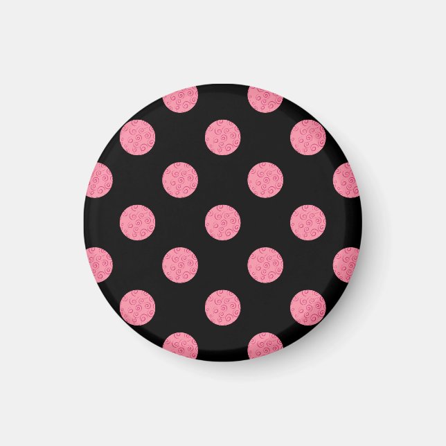 Swirly rosa polka dots på svart bakgrund magnet (Framsidan)