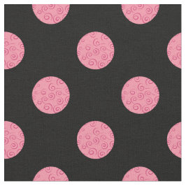 Swirly rosa polka dots på svart bakgrund tyg