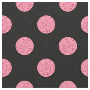 Swirly rosa polka dots på svart bakgrund tyg