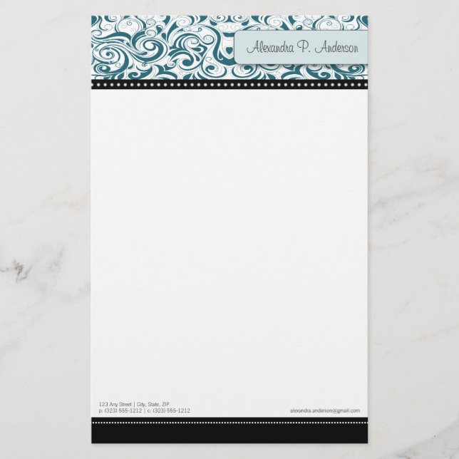 Swirly Teal Boutique Designer Stationery Brevpapper (Framsida)