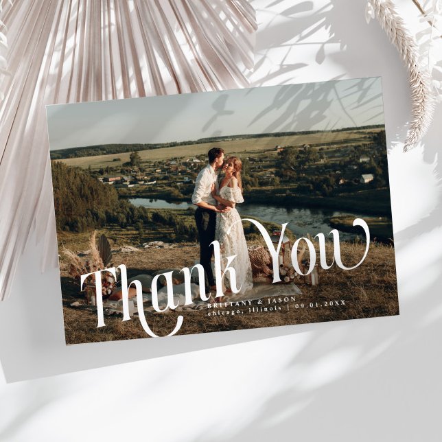 Swirly Typography Wedding Photo Thank You Card Tack Kort (Skapare uppladdad)