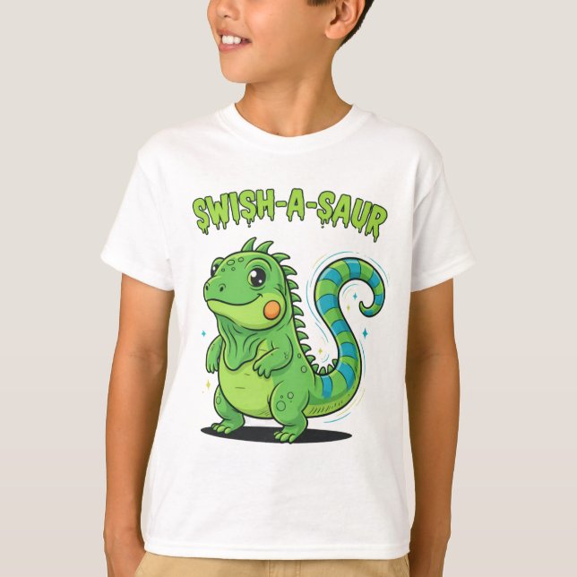 Swish-A-Saur Cute Iguana Dinosaur with Striped Swi T Shirt (Framsida)