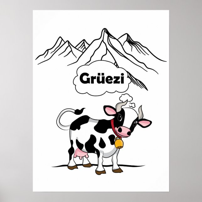 Swiss Cow - Grüezi - Schweiz Travel Poster (Framsidan)