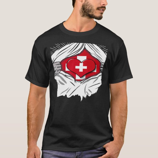 Swiss flag home of Switzerland   T Shirt (Framsida)