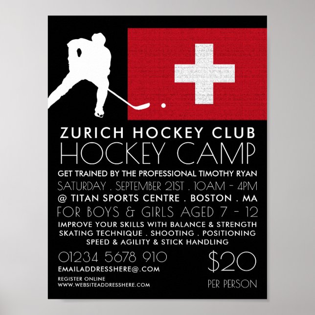 Swiss Flagga, Hockey Player, Camp Advertising Poster (Framsidan)