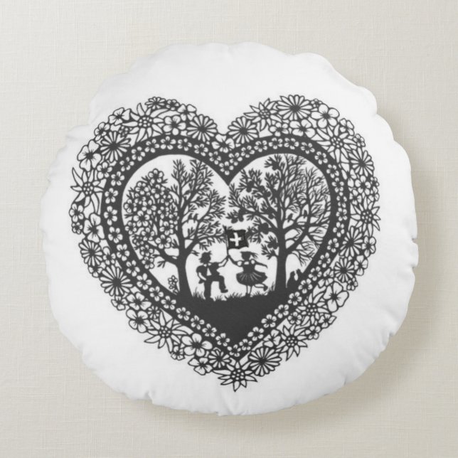 Swiss Scherenschnitte Pillow Rund Kudde (Framsidan)