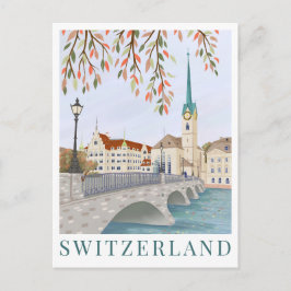 Switzerland Europe Travel Illustration Vykort