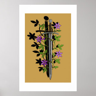 Sword & Clematis – Medieval Floral Blade Poster