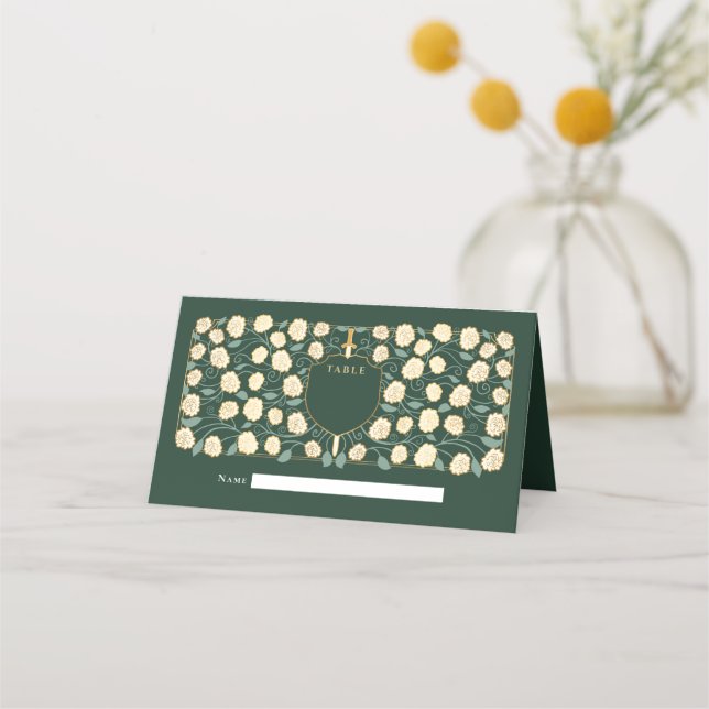 Sword & Shield Medieval Fantasy Monogram Bröllop Placeringskort (Framsida)