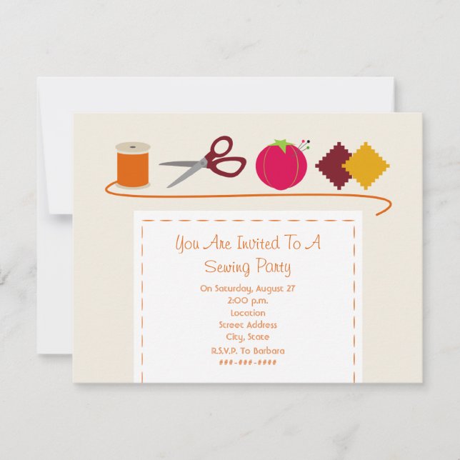 Sy partytråden, klämmer fast saxen, dämpar, inbjudningar (Framsida)