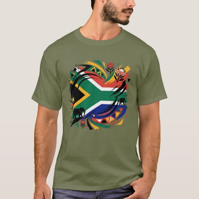 Sydafrika Flagga Penseldrag Vilda Djur T Shirt (Framsida)