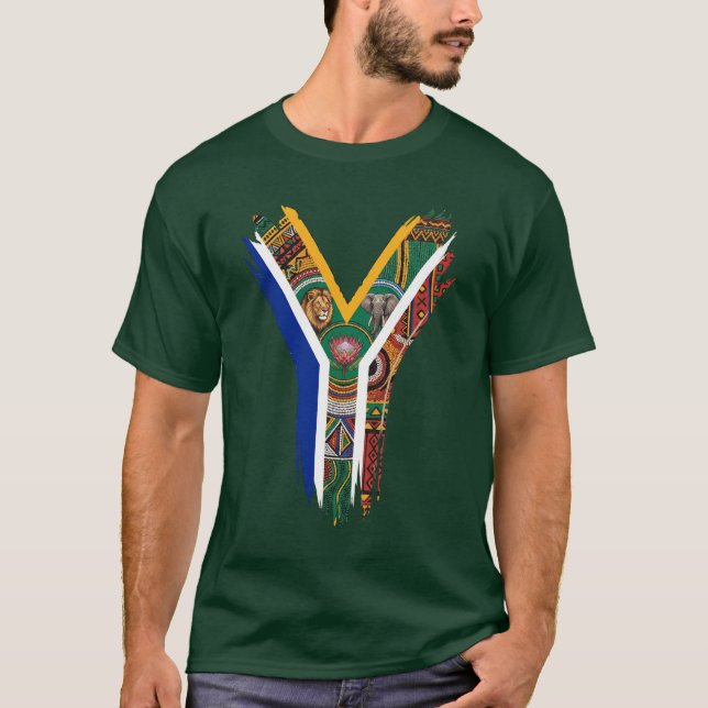 Sydafrika Flagga Vilda Djur Penseldrag Design T Shirt (Framsida)