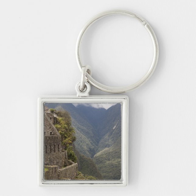 Sydamerika, Peru, Machu Picchu. Stenyper Fyrkantig Silverfärgad Nyckelring (Framsidan)