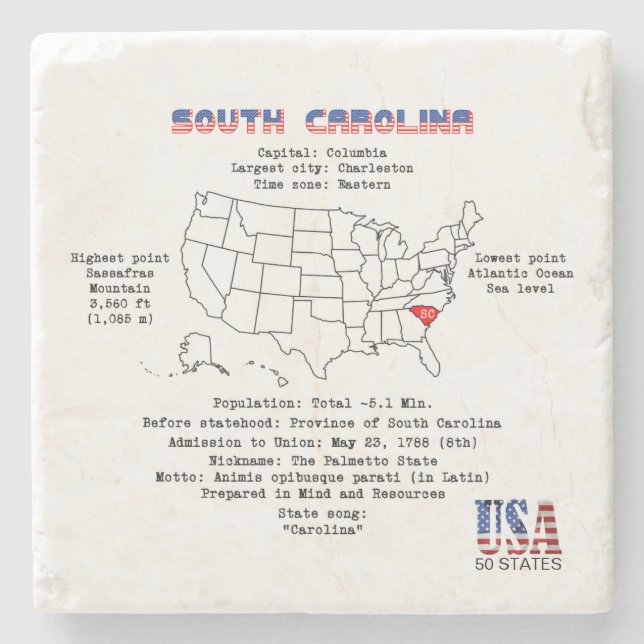SydCarolina Amerika på karta och närmare uppgifter Stenunderlägg (Framsidan)