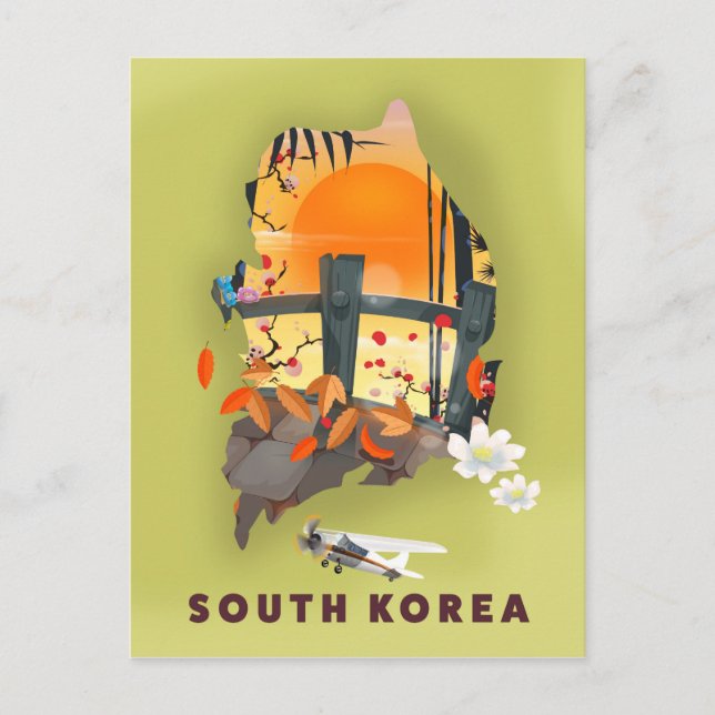 Sydkorea illustrerade karta poster vykort (Framsida)