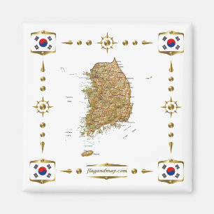 Sydkorea Karta + Flaggor Magnet