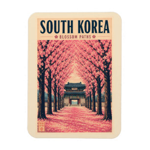 Sydkorea Körsbärsblom Illustration Resa Konst Magnet