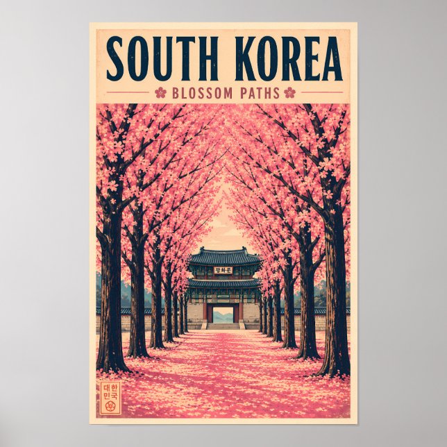 Sydkorea Körsbärsblom Illustration Resa Konst Poster (Framsidan)