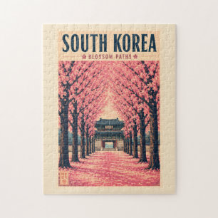 Sydkorea Körsbärsblom Illustration Resa Konst Pussel