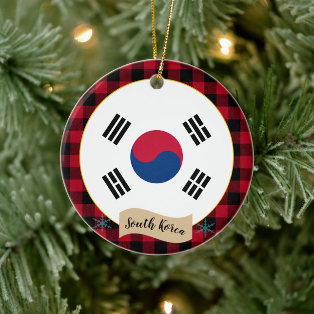 Sydkorea, Red buffalo plaid och koreanska Flagga Julgransprydnad Keramik (Träd)
