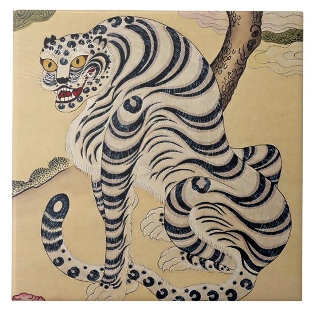 Sydkoreansk stripe Tiger Minhwa Kakelplatta (Framsidan)