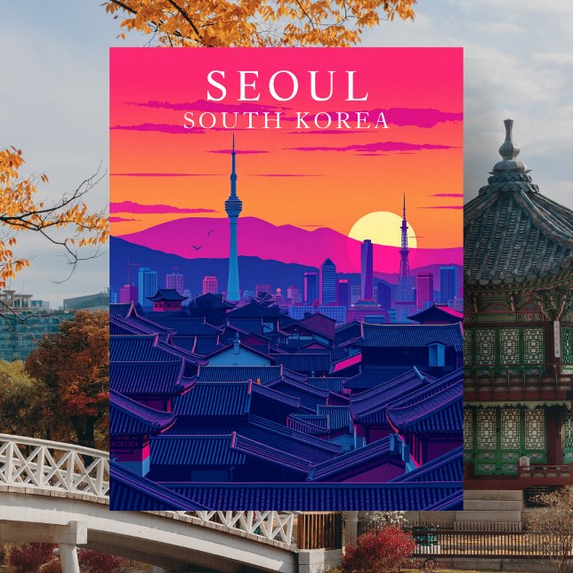 Sydkoreas huvudstad Seouls siluett, djärv solnedgå Vykort (Seoul South Korea Skyline Bold Sunset Cityscape)