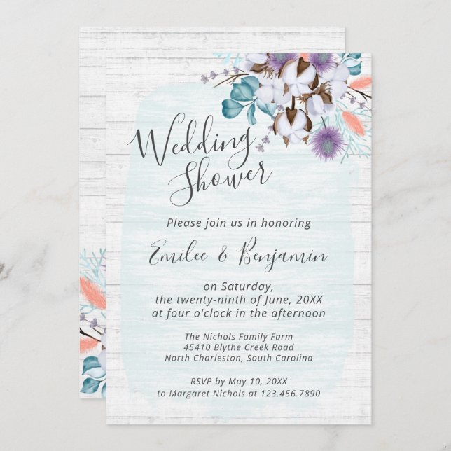 Sydländsk bomull med blommor för bröllopsfirande inbjudningar (Fram/baksida)