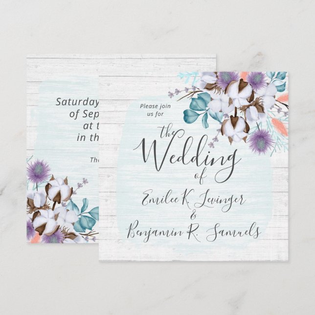 Sydländsk bomullskapsel botanisk rustik trä inbjudningar (Fram/baksida)