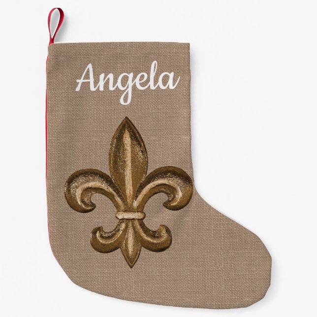 Sydliga Guld Fleur de Lis & FauxBurlap Liten Julstrumpa (Framsidan)