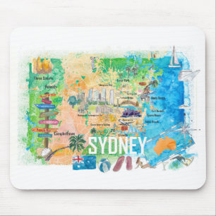 Sydney Australia Illustrated Karta med landmärken Musmatta