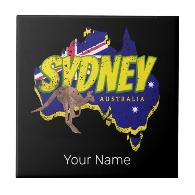 Sydney Australia Retro Kangaroo och Flagga Vintage Kakelplatta (Framsidan)