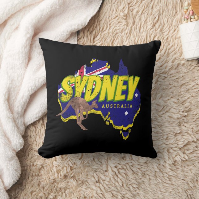 Sydney Australia Retro Kangaroo och Flagga Vintage Kudde (Filt)