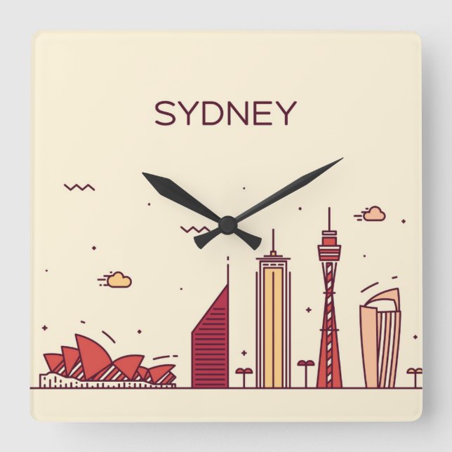 Sydney, Australien | Doodle Skyline Fyrkantig Klocka (Framsida)