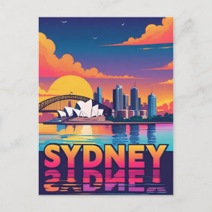 Sydney Australien Siluett Solnedgång Retro Resa Vykort