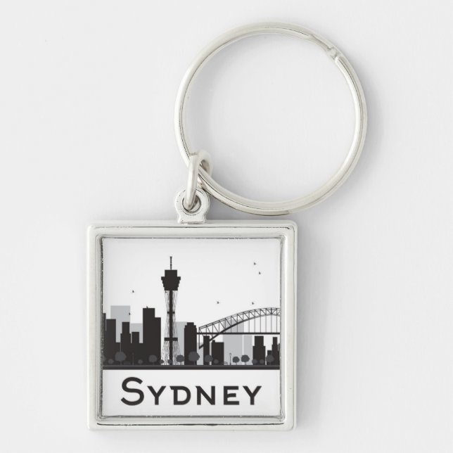 Sydney Australien | svart & vitstadshorisont Fyrkantig Silverfärgad Nyckelring (Framsidan)