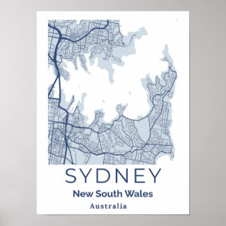 Sydney Blue Grått Mininmalist Wall Art Karta Poster