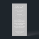 Sydney Grått Modern Bröllop Meny<br><div class="desc">Modern bröllop-meny med en contemporary typografisk design med "låt oss ät" i elegantens skripttypografi. Nedan visas din händelseinformation i namn,  bröllop-datum och -meny i en enkel och minimal layout. Temat färg är skiffer-grått och kan ändras i designredigeringen av verktyg.</div>