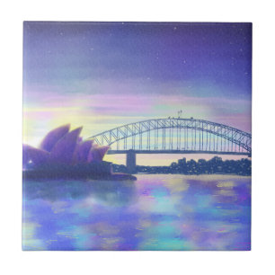 Sydney Harbour akvarell Lila Solnedgång Kakelplatta