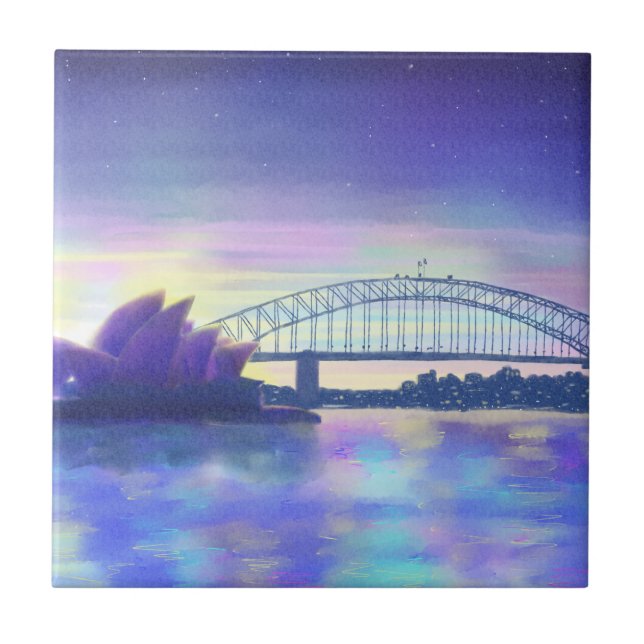 Sydney Harbour akvarell Lila Solnedgång Kakelplatta (Framsidan)