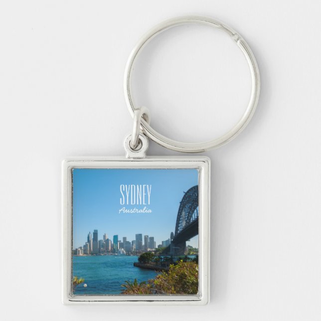 Sydney Harbour Bridge & Skyline Australia Fyrkantig Silverfärgad Nyckelring (Framsidan)