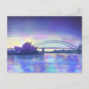 Sydney Harbour Lila Solnedgång Stadsmiljö Målning Vykort
