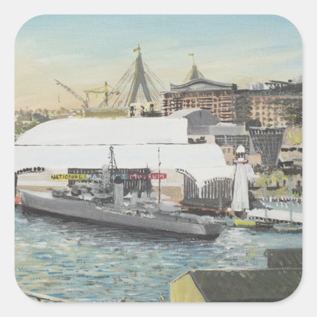 Sydney maritimt museum från hotellbalkong. 1998 fyrkantigt klistermärke (Framsida)