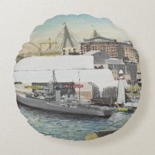 Sydney maritimt museum från hotellbalkong. 1998 rund kudde