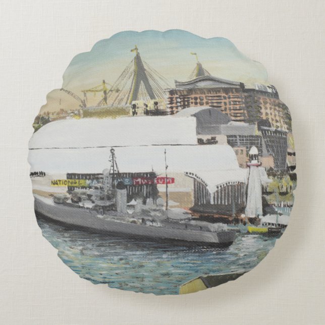 Sydney maritimt museum från hotellbalkong. 1998 rund kudde (Framsidan)