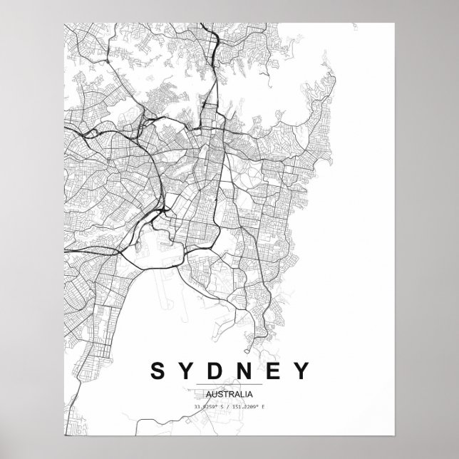 Sydney Minimalistisk Karta (Svart & Vitt) Poster (Framsidan)