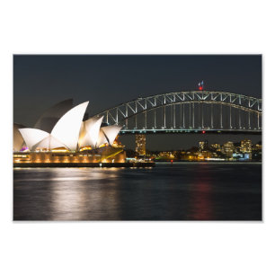 Sydney Opera house and bridge at dusk, Australien Fototryck