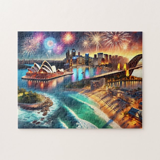 Sydney Opera House Fireworks Harbour Bridge Night Pussel (Horisontell)