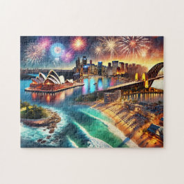 Sydney Operahuset fyrverkerier Harbour Bridge natt Pussel